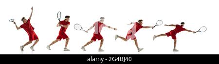 Collage of one young man male tennis player training isolated over white studio background. Stock Photo