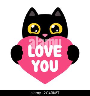 Funny cartoon black cat holding red heart saying Love You. Cute Valentine kitty drawing, vector illustration. Stock Vector