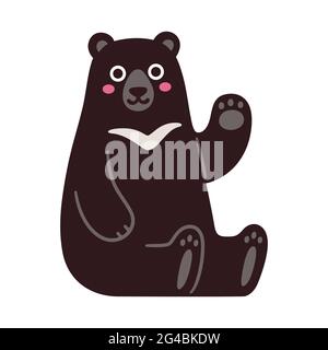 Asian black bear, or moon bear, sitting and waving. Cute cartoon character, funny kawaii mascot. Isolated vector illustration. Stock Vector