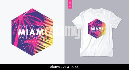 Miami Florida graphic t-shirt design with palm tress, summer print, vector illustration Stock Vector