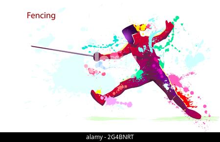 Fencer with a saber. Silhouette of an athlete. Grunge style. Fencing is a sport. Various multicolored splashes and blots. Stock Vector