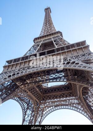 PARIS - SEPTEMBER 28: Eiffel tower is landmark of Paris, France under sunny blue sky, was taken on September 28, 2105. Stock Photo