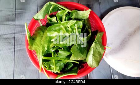 Fresh spinach leaves in red bowl on wooden background Stock Photo