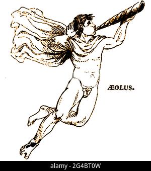An 1839  depiction of Aeolus  (aka  Aíolos & Αἴολος) a Greek nymph, mythological figure or half-human god whose name means  speedy, quick-moving or nimble'. There are confusingly three deeply entwined  figures with this name  all which appear to be genealogically connected. One was the son of Hellen the founder of the Aeolian race, another was a son of Poseidon, who led a colony to islands in the Tyrrhenian Sea, and the third was a son of Hippotes and  as the 'Keeper of the Winds. In in Homer's Odyssey Aeolus gave Odysseus a closed bag that contained the  winds of all directions Stock Photo