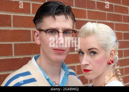 GREAT BRITAIN / England /Norfolk /Close up portrait of Rockabilly couple posing outdoors at Hemsby Rock 'N' Roll Weekender Stock Photo