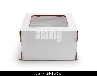 White empty cardboard cake box isolated on white. Stock Photo