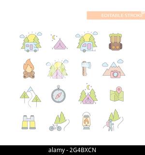 Outdoors, nature activities line icon set. Colorful, cute camping and hiking icons, editable stroke. Stock Vector