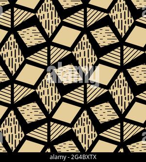 Geometry Gold black seamless pattern. Striped texture on polygonal elements. Vector illustration for caroet. cloth, wrapping paper, cover, fabric. Stock Vector