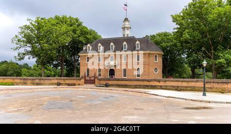 Capitol Building - A cloudy Spring day view of west side of Capitol Building in Williamsburg, Virginia, USA. Stock Photo