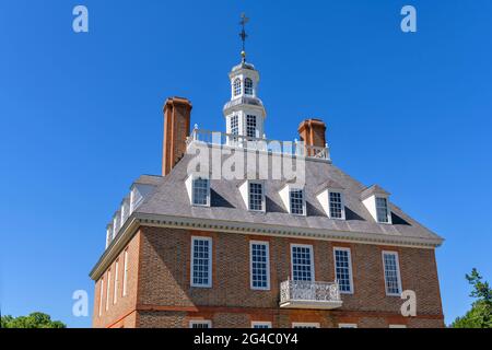 Governor's Palace - A close-up view of the upper façade and bell tower of the Governor's Palace, Williamsburg, Virginia, USA. Stock Photo