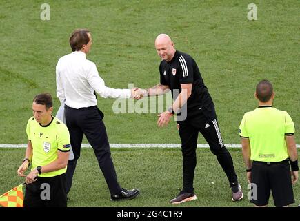 Italy manager Roberto Mancini greets Wales caretaker manager Rob Page after the final whistle during the UEFA Euro 2020 Group A match at the Stadio Olimpico, Rome. Picture date: Sunday June 20, 2021. Stock Photo