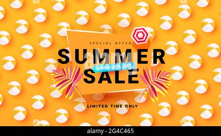 Editable sale summer banner template with beach accessories on bright backgrounds. Promotion banner for website, flyer and poster. Vector illustration Stock Vector