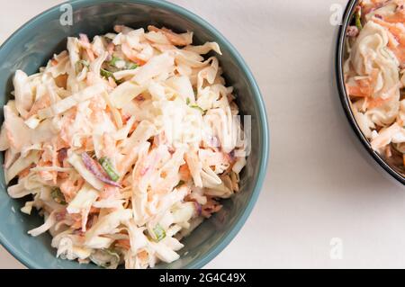 An overhead shot of homemade coleslaw made from local farm fresh cabbage Stock Photo