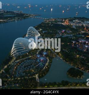 View of Singapore's Gardens by the Bay as the sun sets and lights come on, with many ships in the busy Singapore Straits beyond Stock Photo