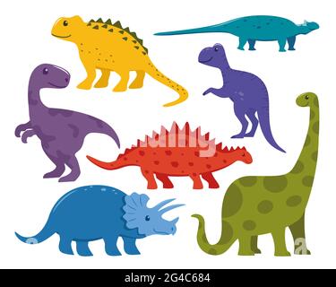 Dinosaur big set. Collection of prehistoric jurrasic period wild fauna. Cute colorful dinosaurs in cartoon style. Vector illustration Stock Vector