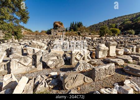 Archaeological artifacts in the ruins the Roman city of Ephesus, Selcuk, Turkey Stock Photo