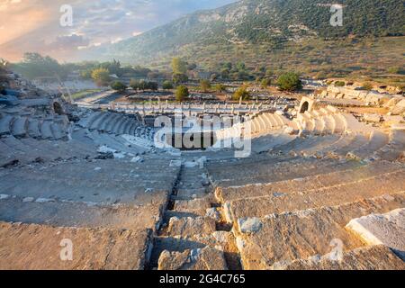 Marble seats of the small theatre, known as Odeon, in the ruins of Ephesus, Selcuk, Turkey Stock Photo