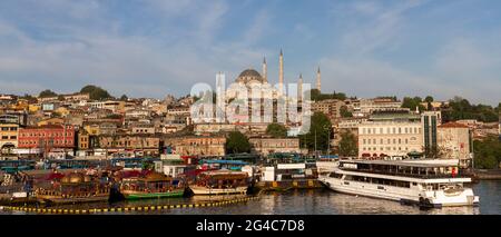 Skyline of Istanbul with Suleymaniye Mosque from Golden Horn, Istanbul, Turkey Stock Photo