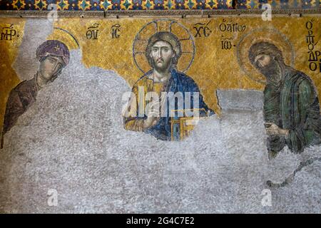 Mosaic panel representing Jesus Christ, Virgin Mary and Saint John the Baptist in Hagia Sophia, Istanbul, Turkey Stock Photo