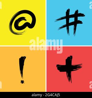 Hashtag exclamation mark Plus At The Rate Signs Symbols Icons vector using neon colors in a brush stroke script. Stock Vector