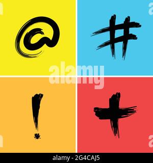 Hashtag exclamation mark Plus At The Rate Signs Symbols Icons vector using neon colors in a brush stroke script. Stock Vector