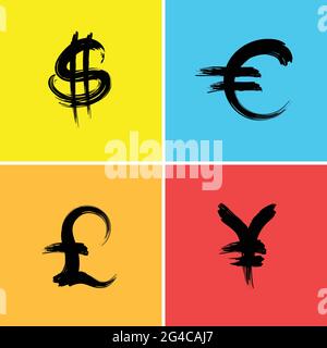 Currency Signs Symbols Icons vector using neon colors in a brush stroke script Stock Vector