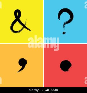 Question Mark Ampersand Comma Full stop Signs Symbols Icons vector using neon colors in a brush stroke script. Stock Vector