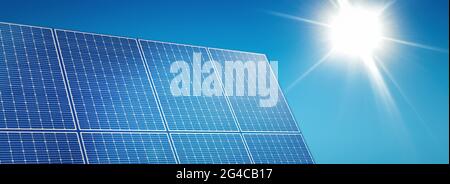 Solar panel illustration with 3D render and sky in background. Photovoltaic, renewable energy sources concept Stock Photo