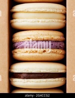 A close up stack of french macarons in three flavors Stock Photo