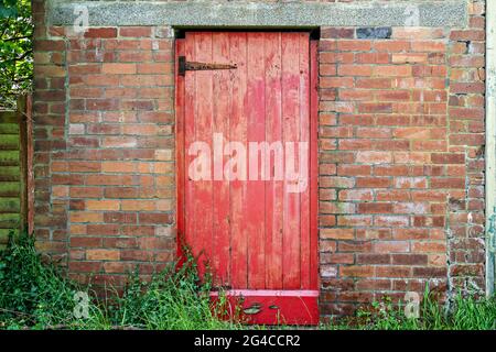 Old door painted red in town back street Stock Photo