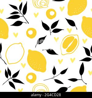 Print.Tropical seamless pattern with yellow lemons and lemon slices. Hand drawn lemons pattern on white background. Fruit repeated background. Vector Stock Vector