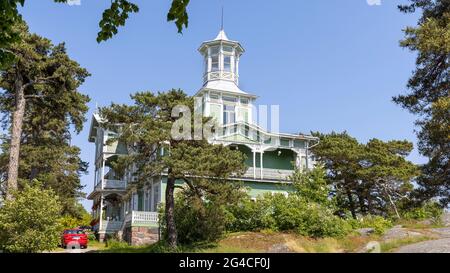 Traditional wooden buildings are typical in Hanko cityscape Stock Photo