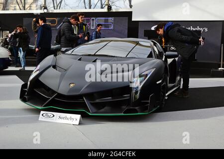 Paris, France - February 3, 2020: RM Sotheby's Paris 2020 at the Invalides in Paris. Focus on the lot 153 : black 2015 Lamborghini Veneno Roadster. Stock Photo
