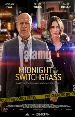 Midnight in the Switchgrass (2021) directed by Randall Emmett and starring Megan Fox, Bruce Willis and Emile Hirsch. An FBI agent and Florida State officer team up to investigate a string of unsolved murder cases. Stock Photo