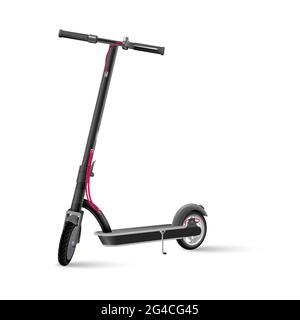 Black electric kick scooter on white background realistic vector illustration. Stock Vector