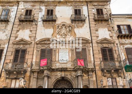 Palermo, Sicily, Italy - October 6, 2017: Facade of the Alliata Villafranca palace in Bologni square in the historic center of Palermo. Stock Photo