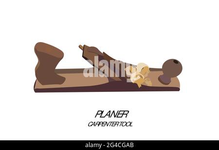 Joiner's tool. Wooden planer on a white background. An old tool for working with wood. Shavings. vector illustration Stock Vector