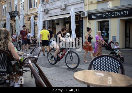 Belgrade, Serbia, Jun 20, 2021: Young woman rides a bike with a Bichon dog in basket down the colorful Gospodska Street in Zemun Stock Photo