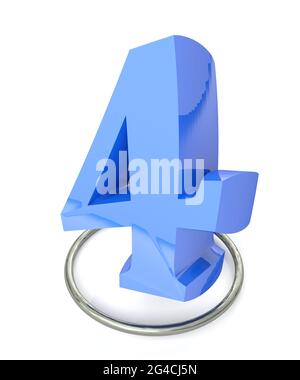 Number 4 blue over metallic circle on white background - 3D rendering illustration Stock Photo