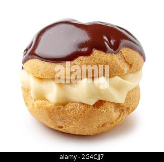 freshly baked cream puff covered with melted chocolate isolated on white background Stock Photo