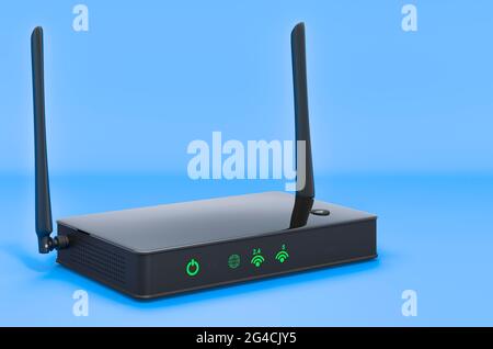 Wireless internet router on blue background, 3D rendering Stock Photo