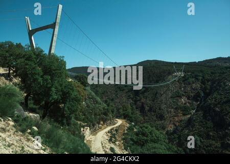 View of the Arouca suspension bridge above the Paiva River, Portugal. Stock Photo