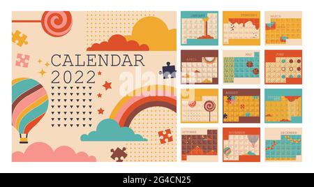 Calendar 2022, planner organizer, Monday week start, vertical layout, set for 12 months from January to December. Vector multicolored isolated Stock Vector