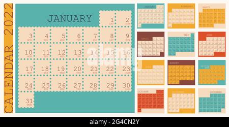 Calendar 2022, organizer planner template, week starts on monday, vertical layout, set of 12 months from january to december. Vector multicolored Stock Vector