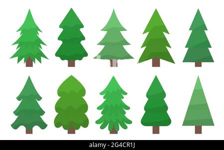 Trees in cold green shades vector flat. Symmetrical Christmas trees in real and abstract shapes. Spruce and pine, fir. Greeting card, winter holidays Christmas, New Year. Wrapping paper for gifts. Stock Vector