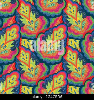 Colorful psychedelic ornamental pattern with abstract lace plant elements. Stock Vector