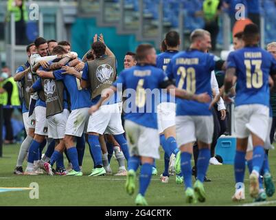 Rome. 20th June, 2021. Italy's players celebrate scoring during the UEFA EURO 2020 Group A football match between Italy and Wales at the Olympic Stadium in Rome on June 20, 2021. Credit: Cheng Tingting/Xinhua/Alamy Live News