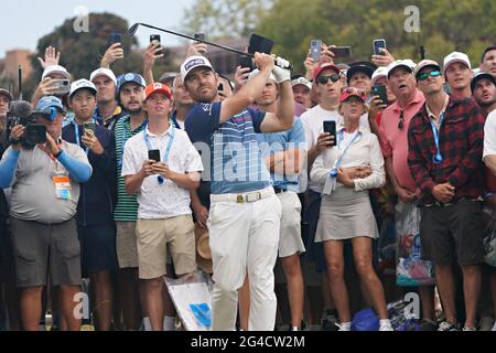 San Diego, United States. 20th June, 2021. Louis Oosthuizen of South Africa, hits out of the gallery at the 14th hole in the final round at the 121st US Open Championship at Torrey Pines Golf Course in San Diego, California on Sunday, June 20, 2021. Photo by Richard Ellis/UPI Credit: UPI/Alamy Live News Stock Photo