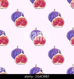 Blue and purple round fig fruit seamless pattern on light background. Stock Photo