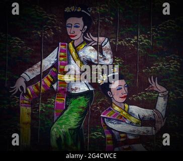 drawing of a very beautiful woman , Art painting Acrylic color Culture Thai dance Stock Photo